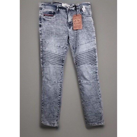 Akademiks Mens Jeans 34X32 Jeanius Blue Ripple Ghost Wash Ribbed Leg Denim